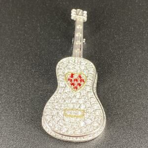 Beautiful Designer Style Guitar Brooch Rhinestone Heart Strings Silver Tone